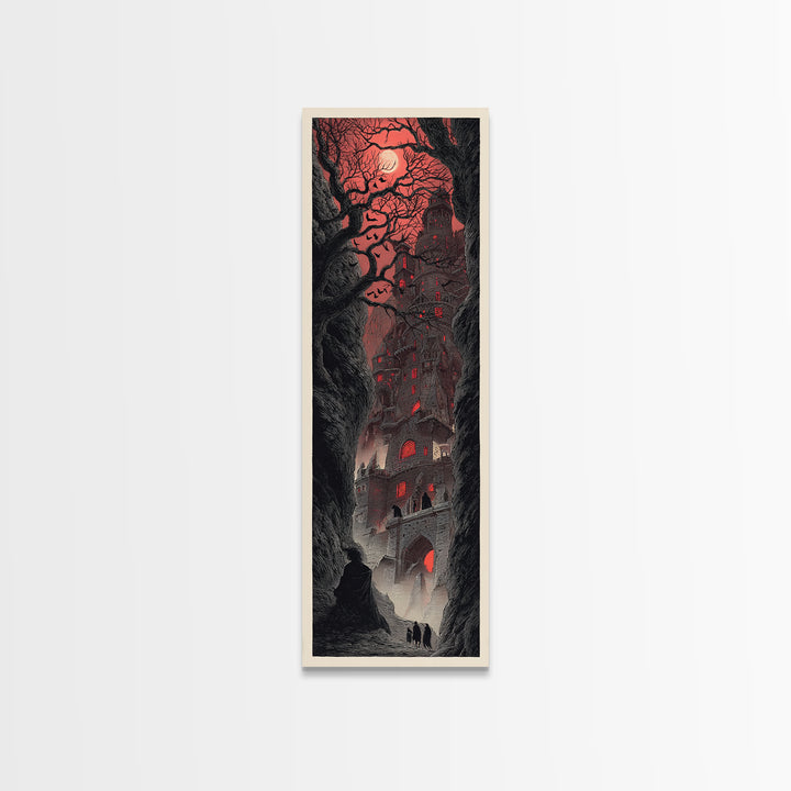 The Vampire Castle, Gothic Engraving Art, Tall Narrow Wall Art, Dark Halloween Decor, Canvas Print, Halloween Wall Art
