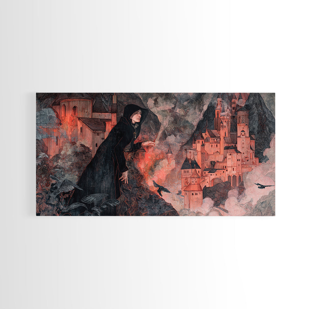 The Vampire Castle, Medieval Grotesque Art, Wide Panoramic Art, Gothic Horror Wall Art, Framed Canvas Print, Halloween Wall Art