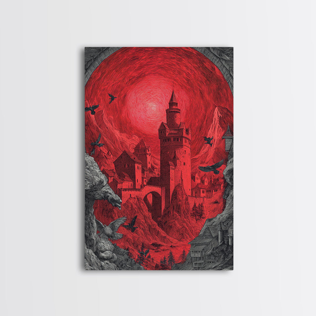 The Vampire Castle, Renaissance Engraving Art, Vertical Wall Art, Dark Halloween Decor, Framed Canvas Print, Halloween Wall Art