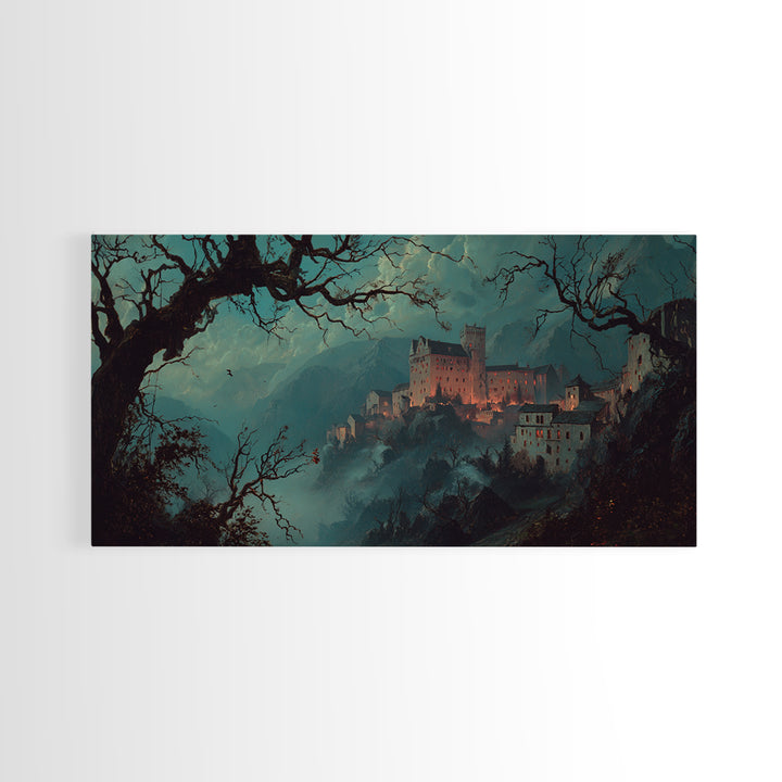 The Vampire Castle, Baroque Witchcraft Art, Wide Panoramic Art, Dark Fantasy Wall Art, Framed Canvas Print, Halloween Wall Art