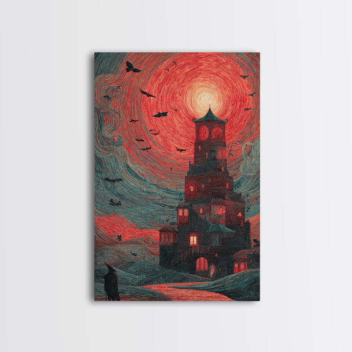 The Vampire Castle, Expressionist Gothic Art, Vertical Wall Art, Dark Halloween Decor, Canvas Print, Halloween Wall Art