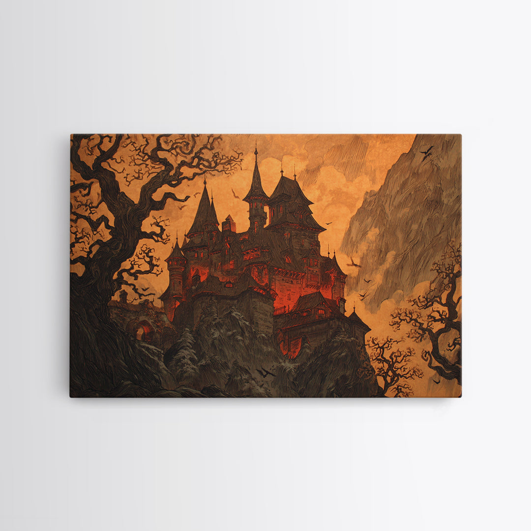 The Vampire Castle, Gothic Storybook Art, Landscape Wall Art, Dark Fantasy Wall Art, Framed Canvas Print, Halloween Wall Art