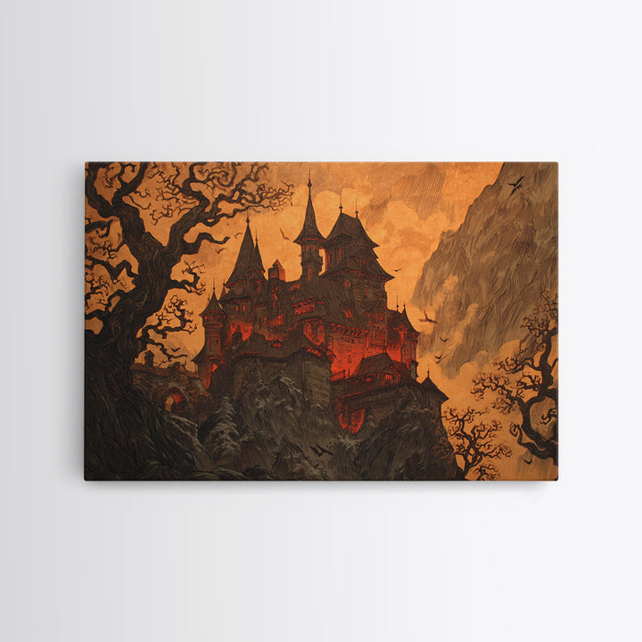 The Vampire Castle, Gothic Storybook Art, Landscape Wall Art, Dark Fantasy Wall Art, Framed Canvas Print, Halloween Wall Art