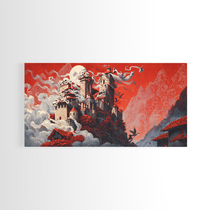 The Vampire Castle, Macabre Folk Print Art, Wide Panoramic Art, Dark Halloween Decor, Canvas Print, Halloween Wall Art