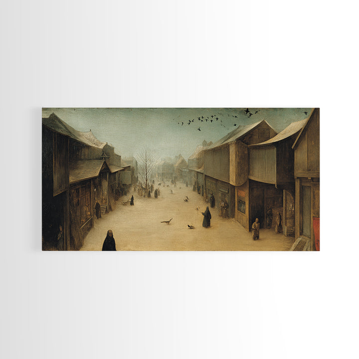 The Ghost Town Main Street, Northern Renaissance Horror, Wide Panoramic Art, Dark Halloween Decor, Framed Canvas Print