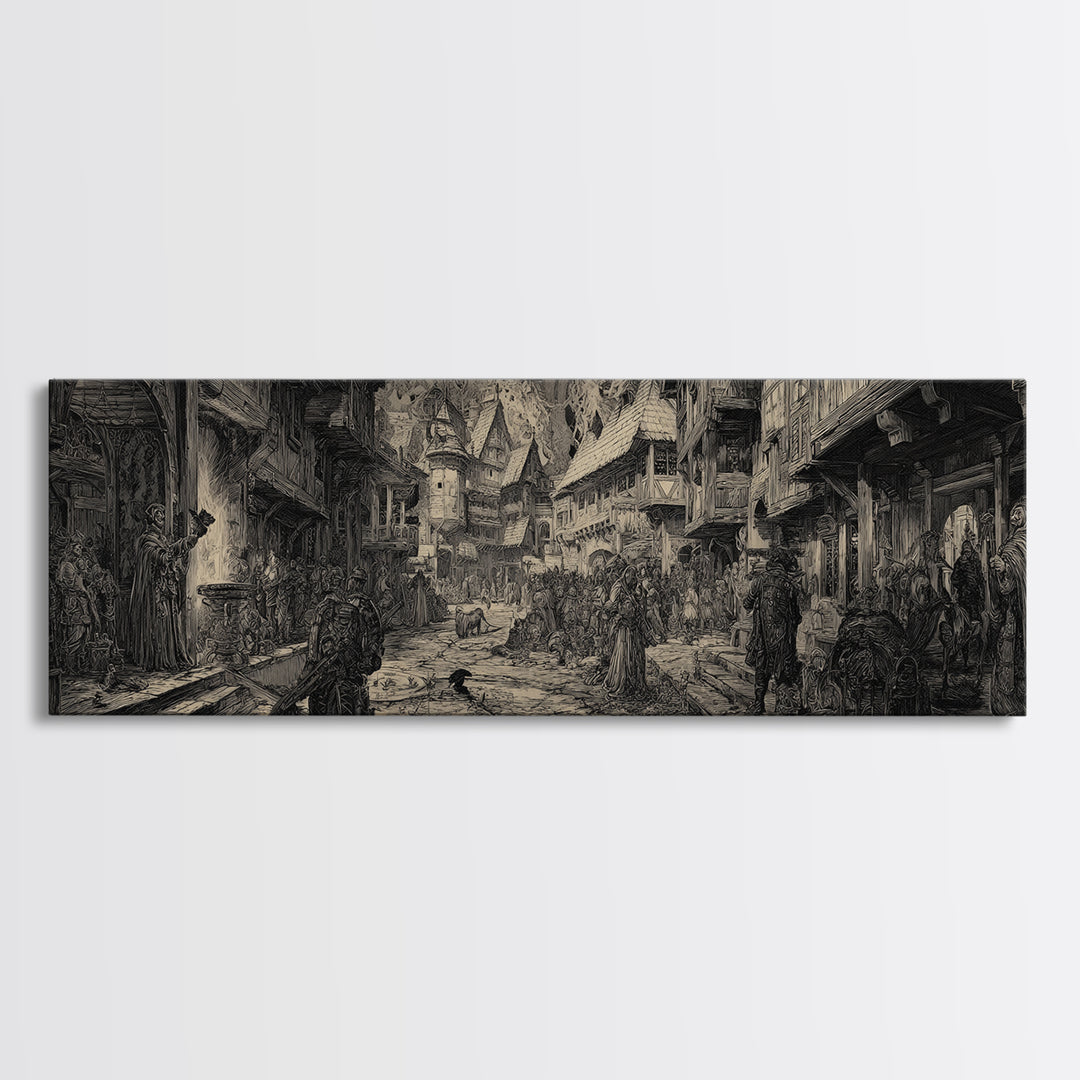 The Ghost Town Main Street, Renaissance Engraving Art, Extra Wide Wall Art, Dark Halloween Decor, Framed Canvas Print, Halloween Wall Art
