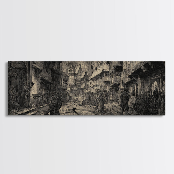 The Ghost Town Main Street, Renaissance Engraving Art, Extra Wide Wall Art, Dark Halloween Decor, Framed Canvas Print, Halloween Wall Art