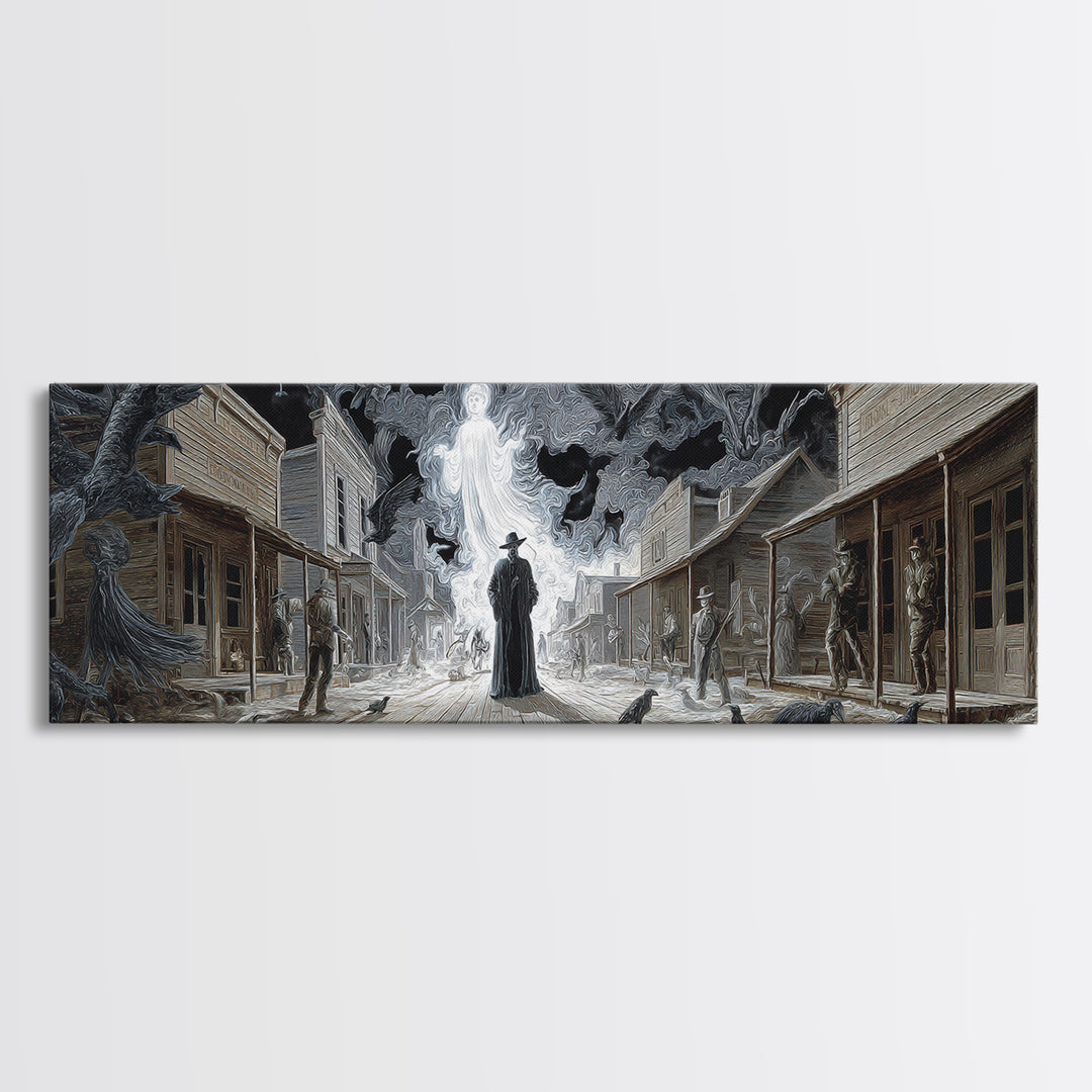 The Ghost Town Main Street, Visionary Gothic Art, Extra Wide Wall Art, Macabre Wall Art, Framed Canvas Print, Halloween Wall Art