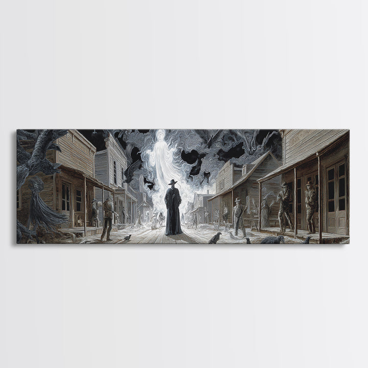 The Ghost Town Main Street, Visionary Gothic Art, Extra Wide Wall Art, Macabre Wall Art, Framed Canvas Print, Halloween Wall Art