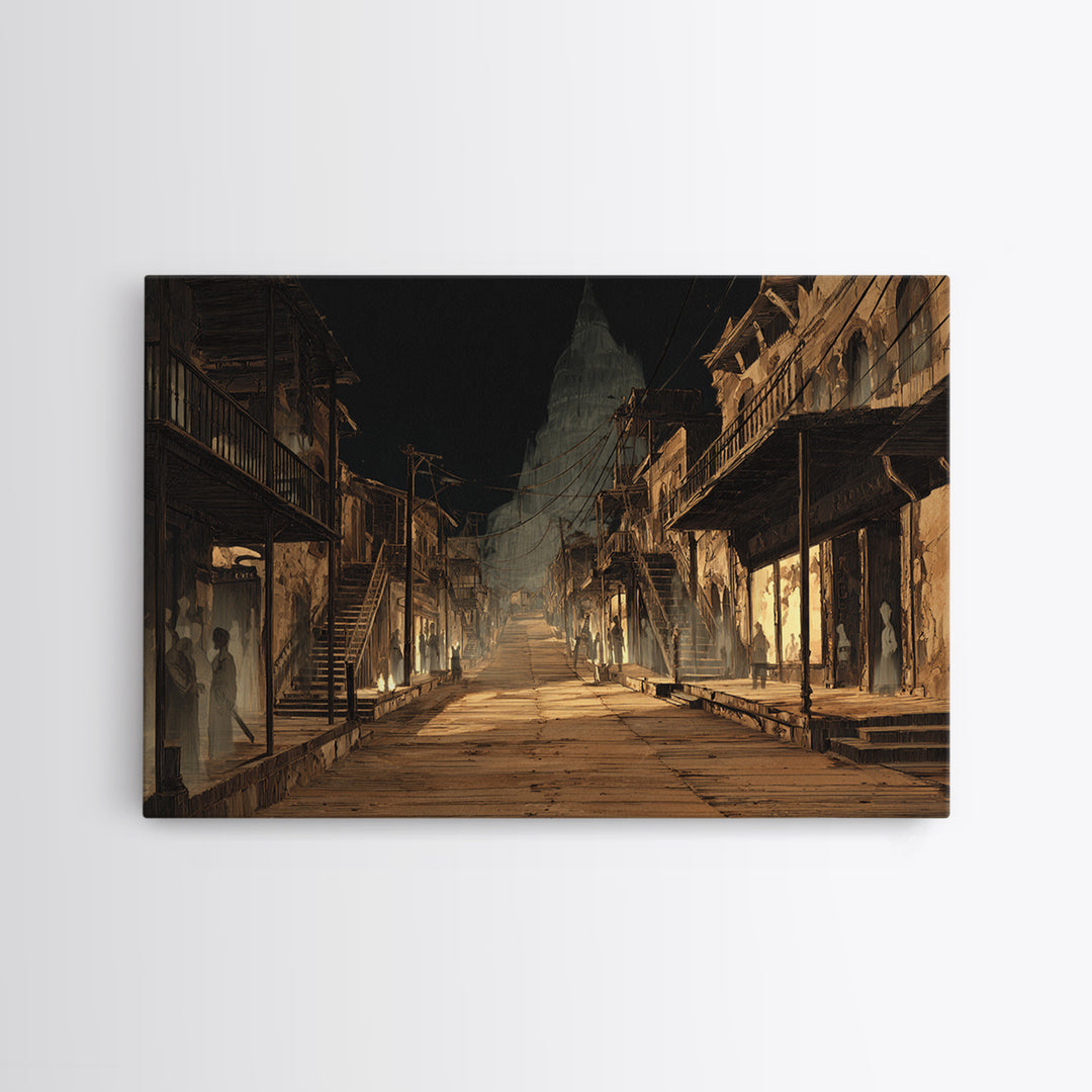 The Ghost Town Main Street, Architectural Etching Art, Landscape Wall Art, Dark Halloween Decor, Framed Canvas Print