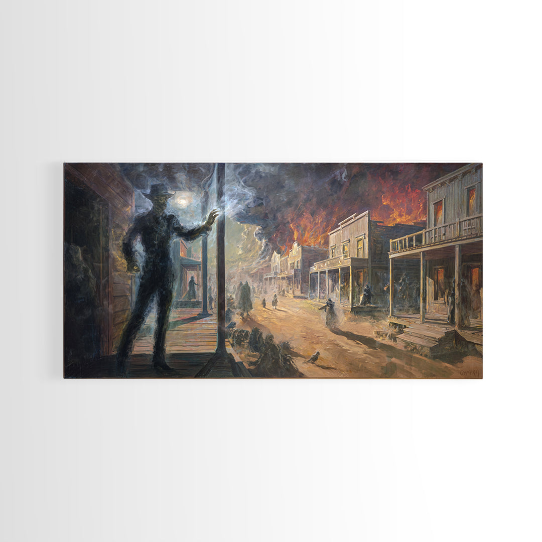 The Ghost Town Main Street, Apocalyptic Romantic Art, Wide Panoramic Art, Dark Fantasy Wall Art, Framed Canvas Print, Halloween Wall Art
