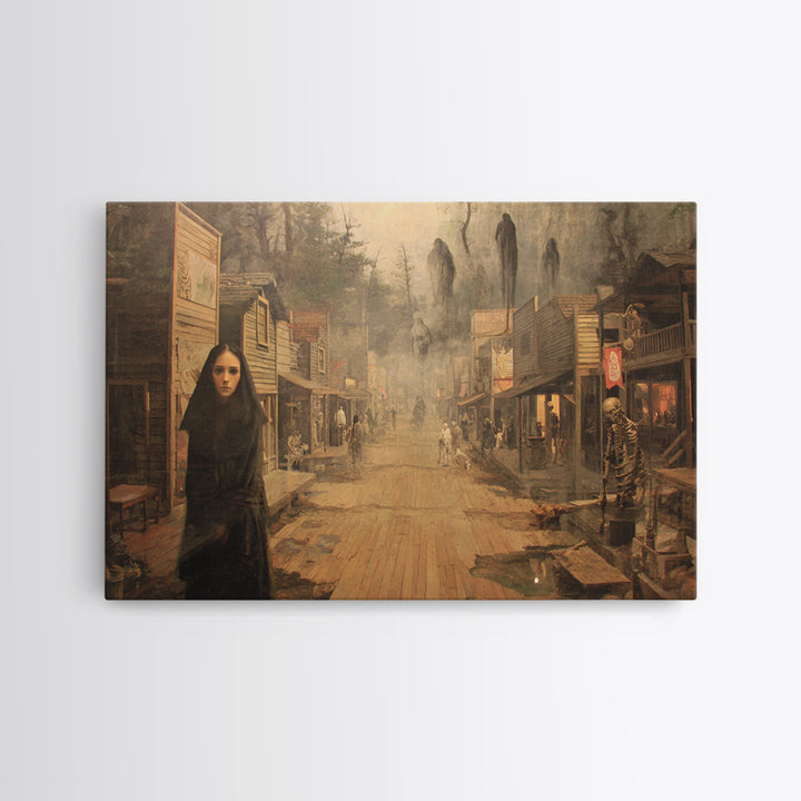The Ghost Town Main Street, Symbolist Gothic Landscape, Landscape Wall Art, Macabre Wall Art, Framed Canvas Print, Halloween Wall Art