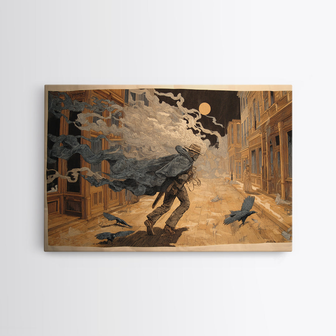 The Ghost Town Main Street, Symbolist Etching Art, Landscape Wall Art, Gothic Horror Wall Art, Framed Canvas Print, Halloween Wall Art