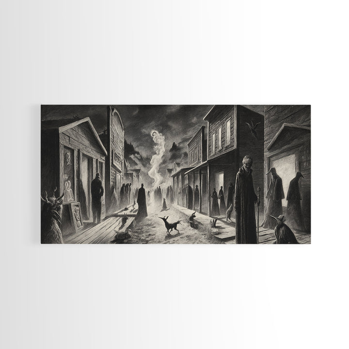 The Ghost Town Main Street, Expressionist Nightmare Art, Wide Panoramic Art, Dark Halloween Decor, Framed Canvas Print, Halloween Wall Art