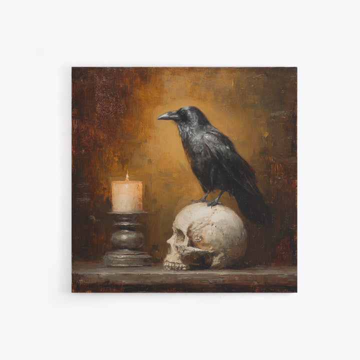 Raven Perched on a Skull Canvas Print, Dark Art, Room Decor, Living Room Decor, Fine Art, Nocturne, Digital Art, DAR-1x1-25