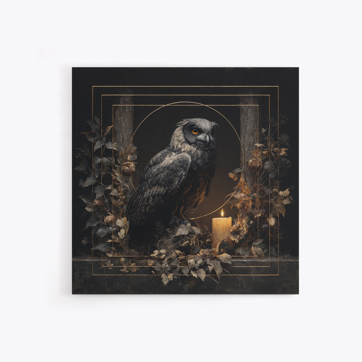 Owl in a Midnight Pine Forest Framed Canvas Print, Dark Art, Weird Art, Living Room Decor, Oil Painting, Nocturne, DAR-1x1-46