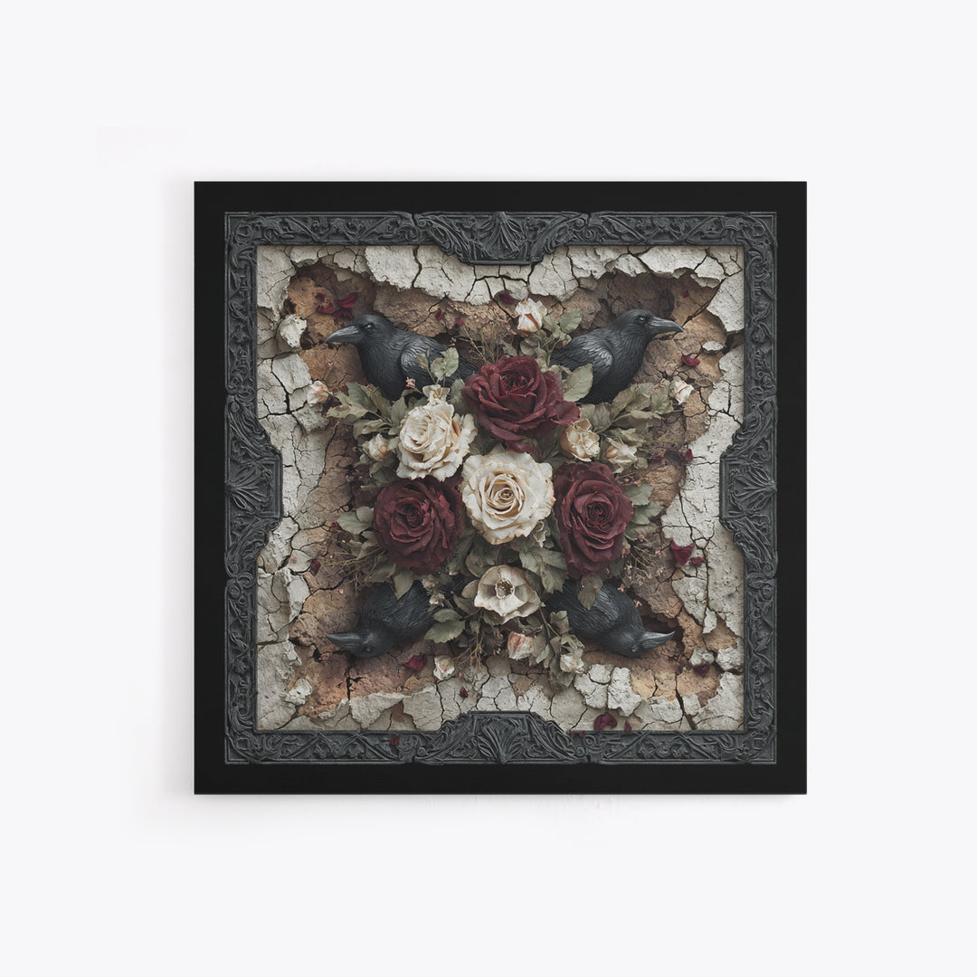 Black Roses Blooming from Cracked Stone Canvas Print, Dark Art, Fantasy Art, Living Room Decor, Fine Art, Nocturne, DAR-1x1-50