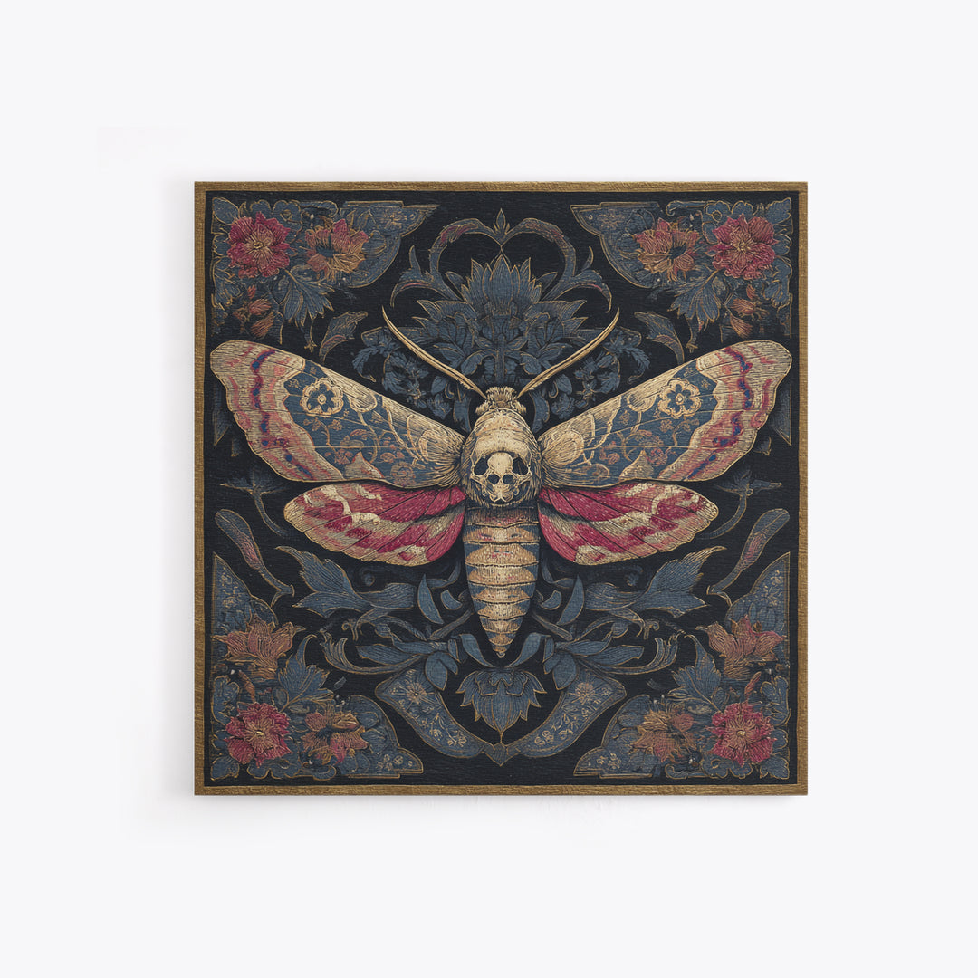 Moth with Skull Pattern on Black Ground Framed Canvas Print, Dark Art, Neutral Decor, Living Room Decor, Fine Art, Nocturne, DAR-1x1-63
