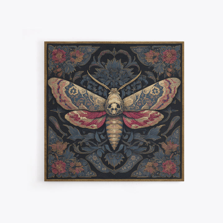 Moth with Skull Pattern on Black Ground Framed Canvas Print, Dark Art, Neutral Decor, Living Room Decor, Fine Art, Nocturne, DAR-1x1-63