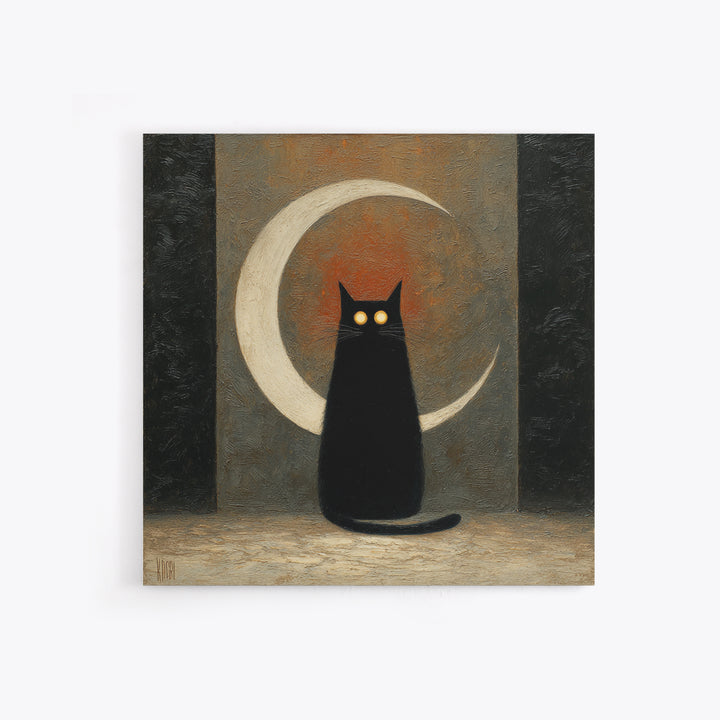 Black Cat with Glowing Eyes under Crescent Canvas Print, Dark Art, Statement Artwork, Living Room Decor, Fine Art, Nocturne, DAR-1x1-9