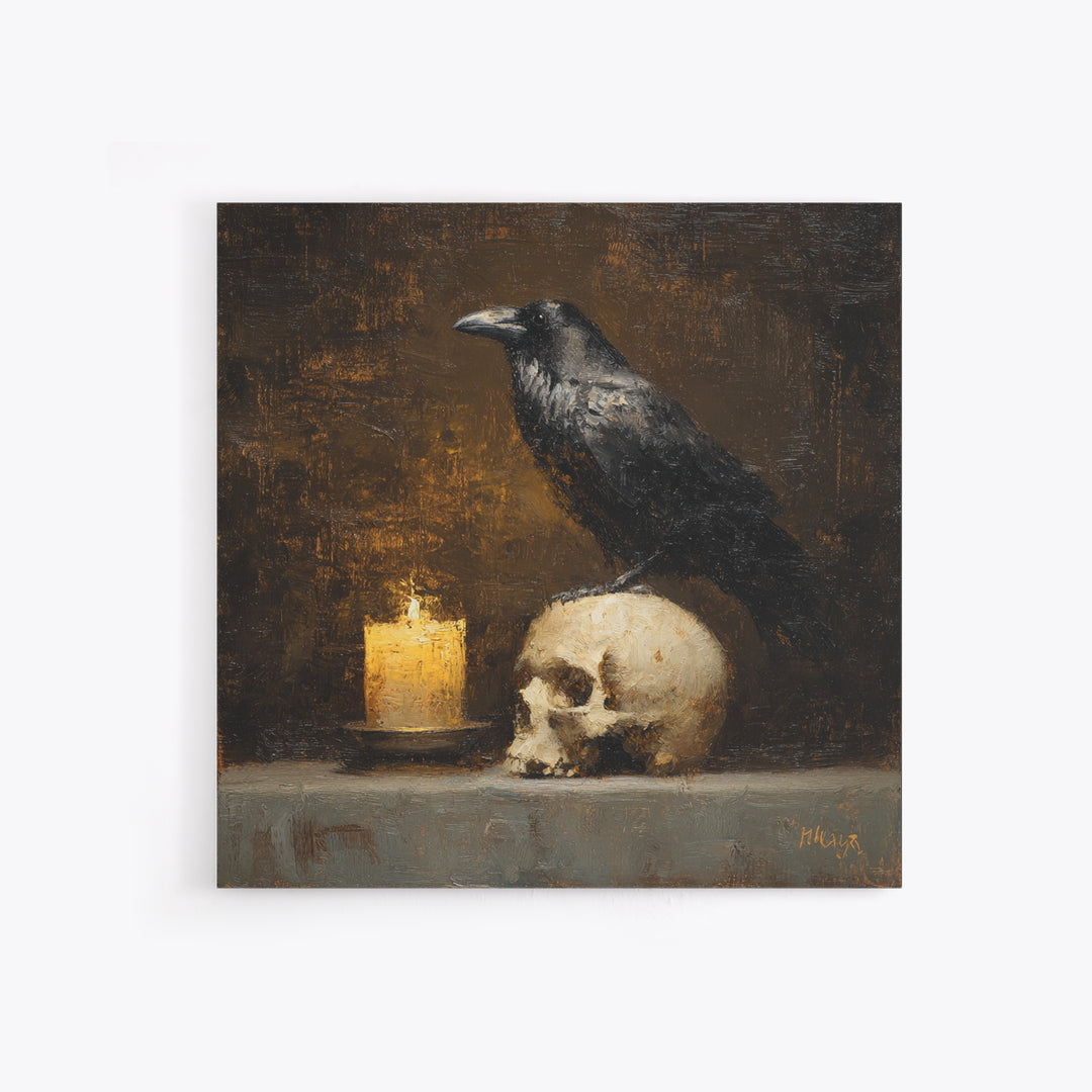 Raven Perched on a Skull Canvas Print, Dark Art, Art Print, Living Room Decor, Oil Painting, Nocturne, Halloween Art, DAR-1x1-97