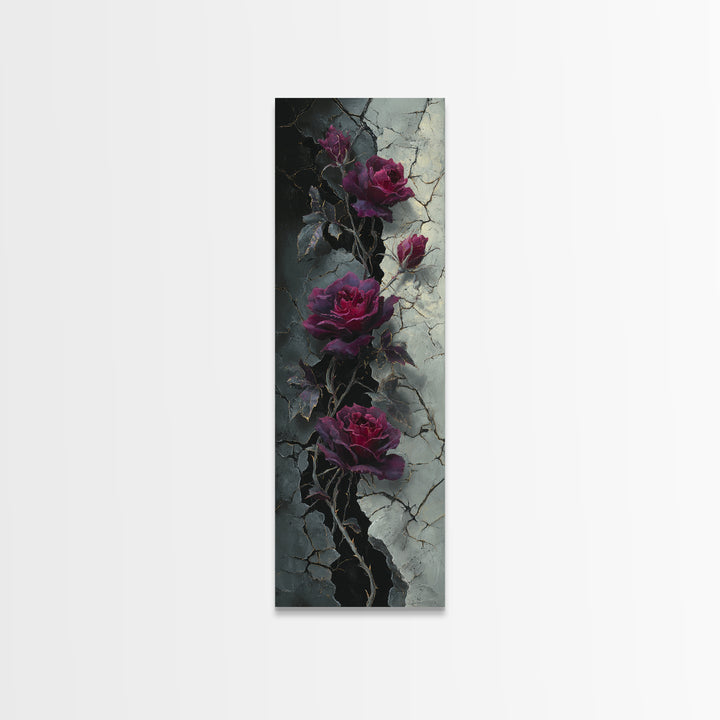Black Roses Blooming from Cracked Stone Canvas Print, Dark Art, Gallery Decor, Living Room Decor, Fine Art, Nocturne, DAR-1x3-14