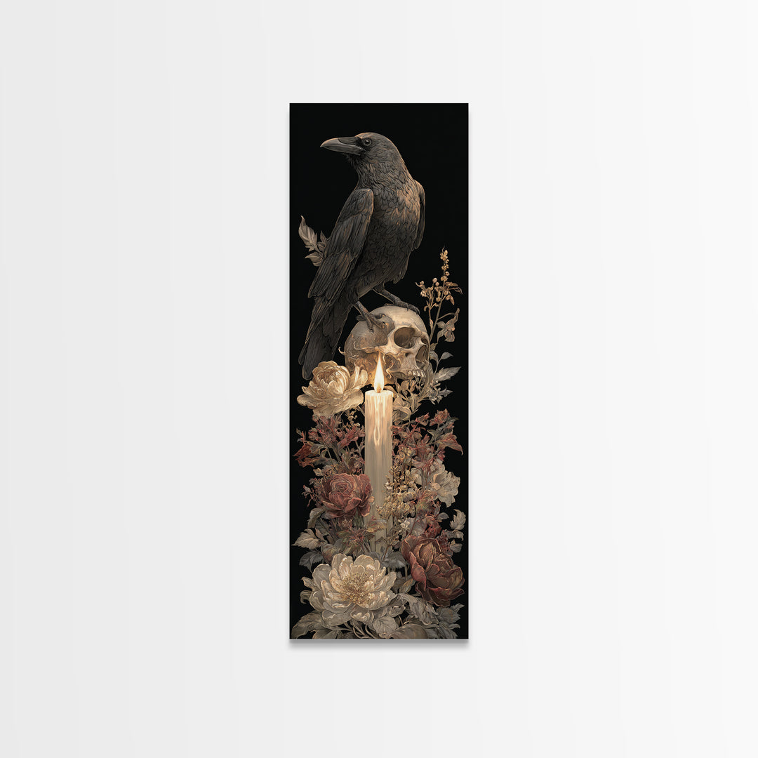 Raven Perched on a Skull Canvas Print, Dark Art, Minimalist Decor, Living Room Decor, Fine Art, Nocturne, Oil Painting, DAR-1x3-37