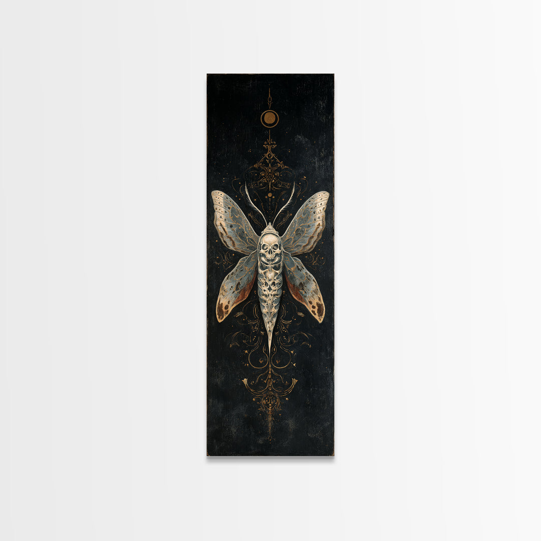Moth with Skull Pattern on Black Ground Framed Canvas Print, Dark Art, Neutral Decor, Living Room Decor, Fine Art, Nocturne, DAR-1x3-75