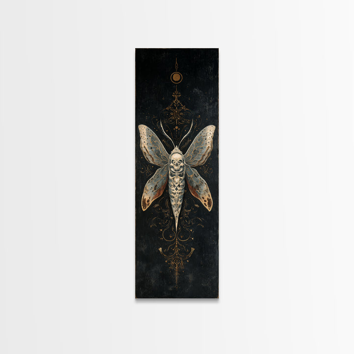 Moth with Skull Pattern on Black Ground Framed Canvas Print, Dark Art, Neutral Decor, Living Room Decor, Fine Art, Nocturne, DAR-1x3-75