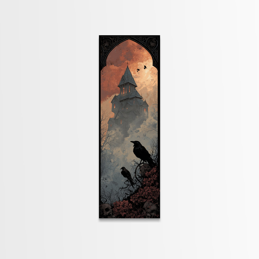 Haunted Mansion Silhouette on Distant Hill Canvas Print, Dark Art, Wall Art, Living Room Decor, Oil Painting, Nocturne, DAR-1x3-90