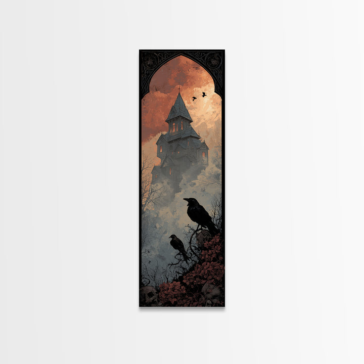 Haunted Mansion Silhouette on Distant Hill Canvas Print, Dark Art, Wall Art, Living Room Decor, Oil Painting, Nocturne, DAR-1x3-90