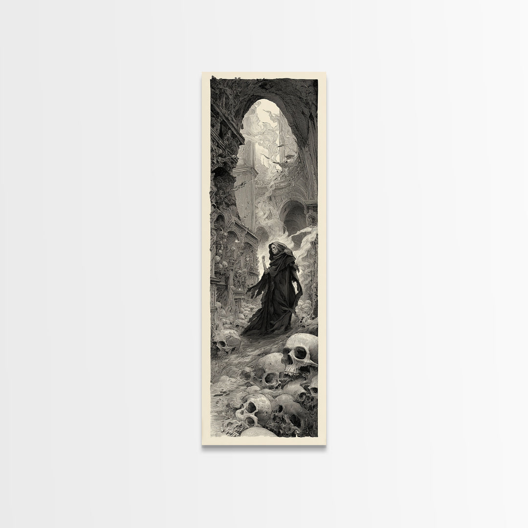 The Endless Catacombs, Gothic Engraving Art, Tall Narrow Wall Art, Dark Halloween Decor, Canvas Print, Halloween Wall Art