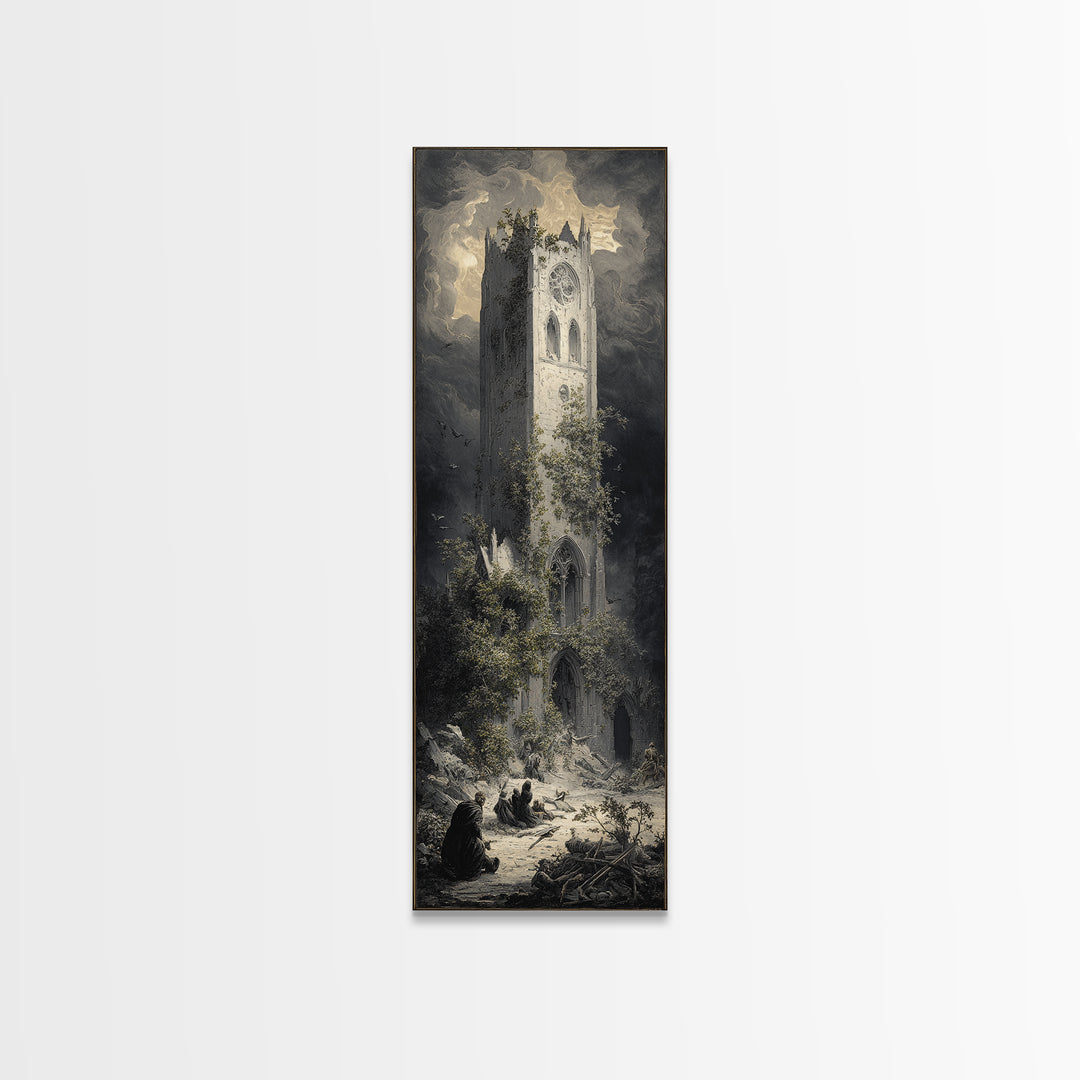 The Overgrown Chapel, Gothic Engraving Art, Tall Narrow Wall Art, Dark Halloween Decor, Canvas Print, Halloween Wall Art