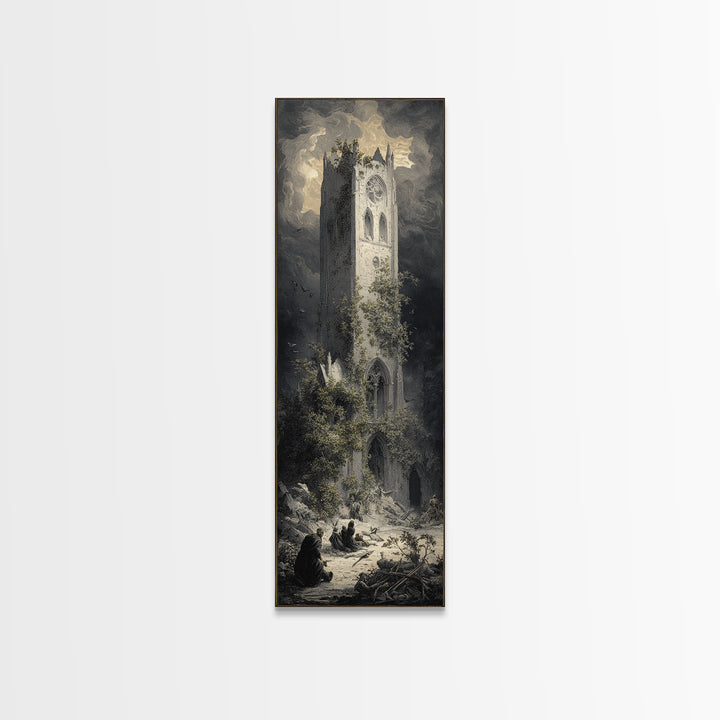 The Overgrown Chapel, Gothic Engraving Art, Tall Narrow Wall Art, Dark Halloween Decor, Canvas Print, Halloween Wall Art