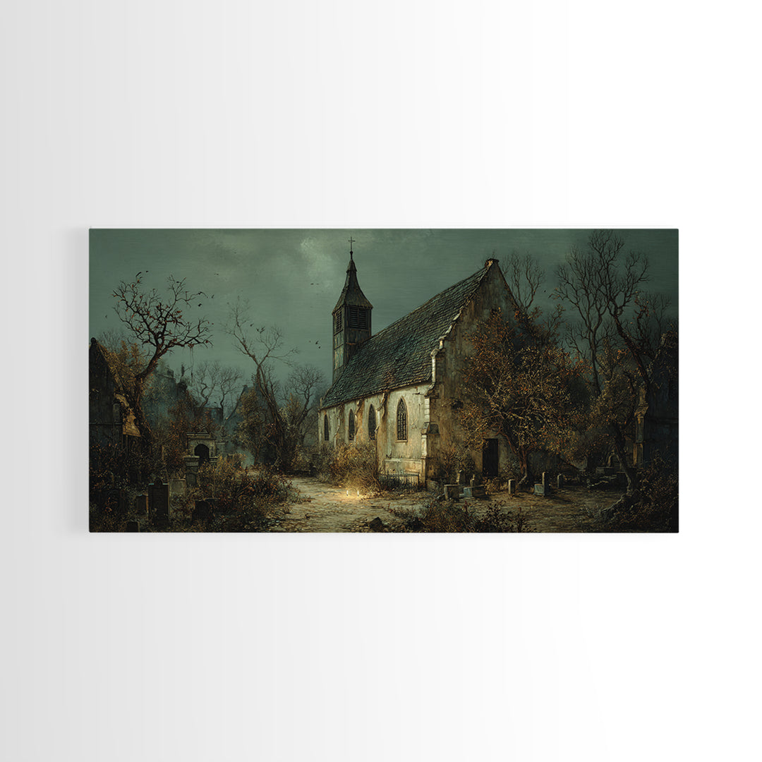 The Overgrown Chapel, Northern Renaissance Horror, Wide Panoramic Art, Dark Halloween Decor, Canvas Print, Halloween Wall Art