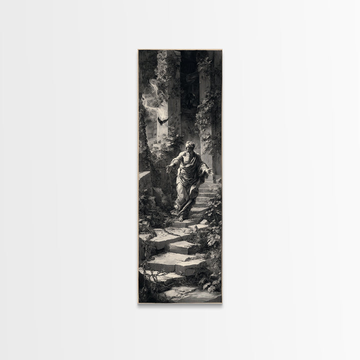 The Overgrown Chapel, Architectural Etching Art, Tall Narrow Wall Art, Dark Halloween Decor, Framed Canvas Print