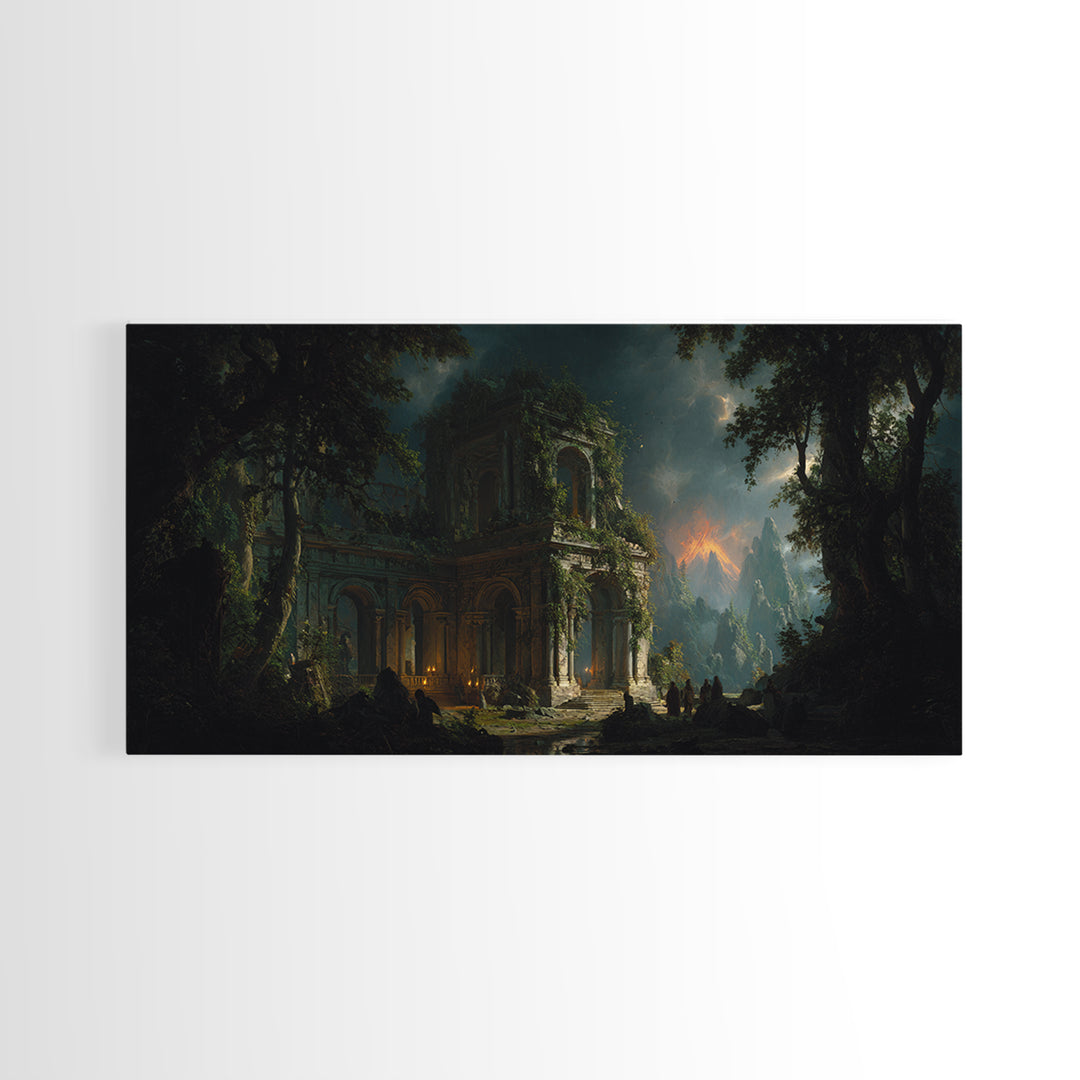 The Overgrown Chapel, Apocalyptic Romantic Art, Wide Panoramic Art, Dark Fantasy Wall Art, Framed Canvas Print, Halloween Wall Art