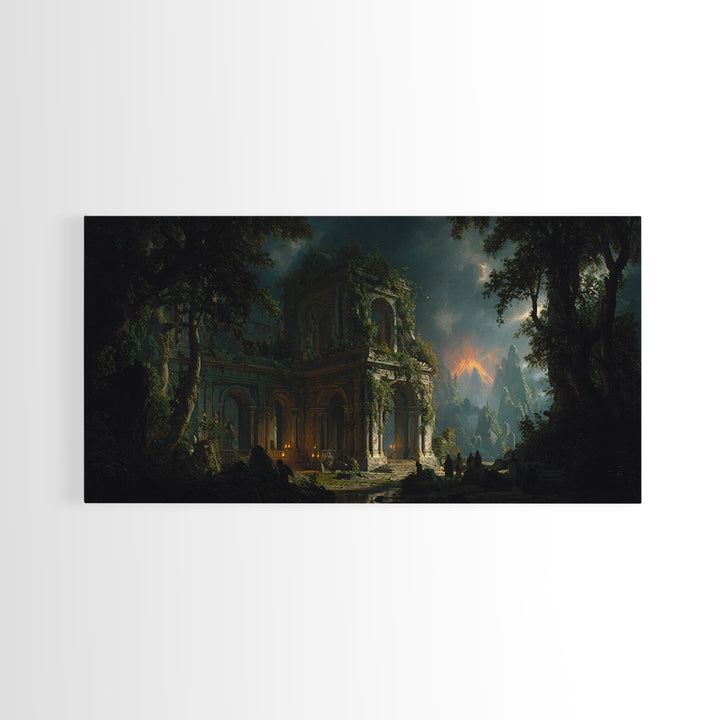 The Overgrown Chapel, Apocalyptic Romantic Art, Wide Panoramic Art, Dark Fantasy Wall Art, Framed Canvas Print, Halloween Wall Art