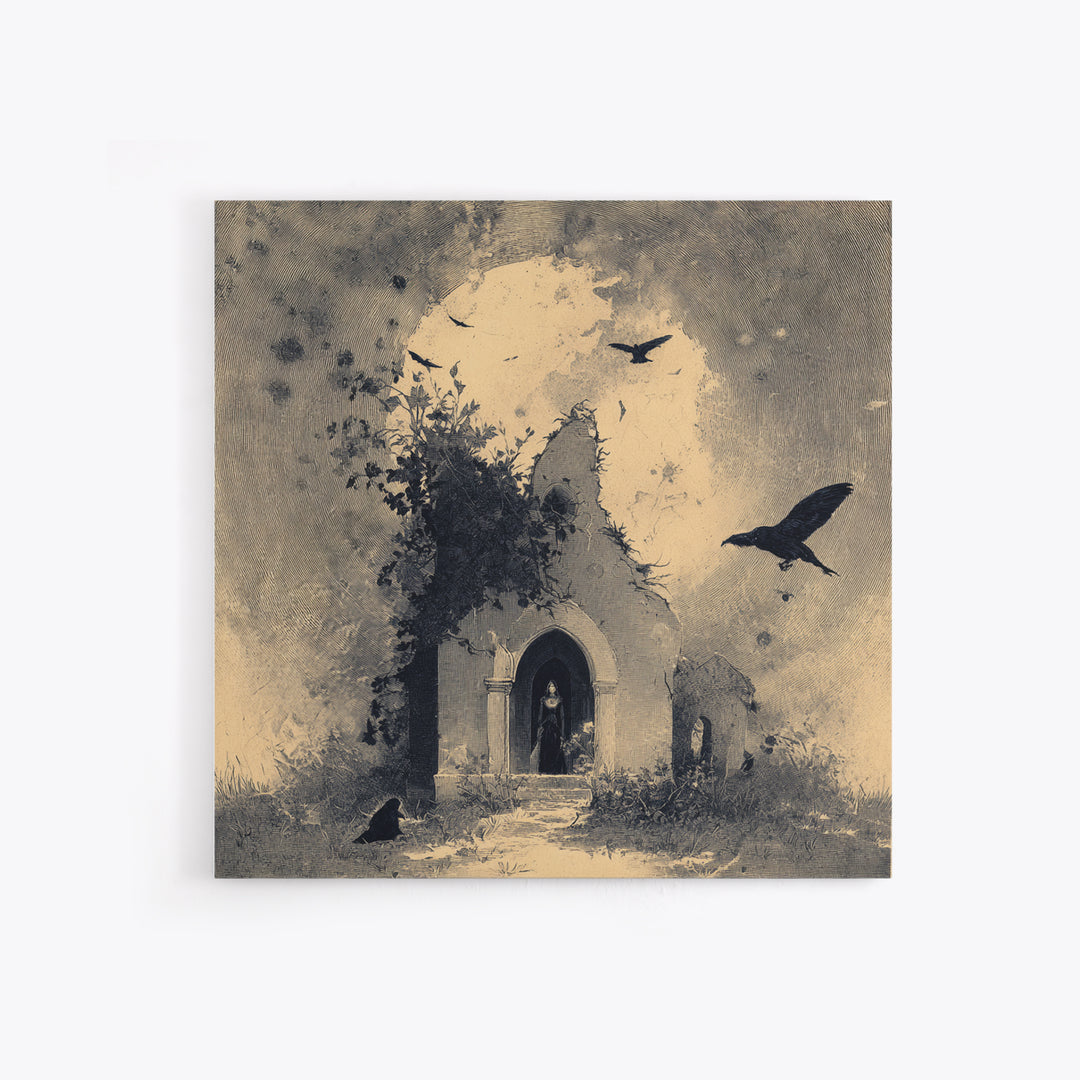 The Overgrown Chapel, Symbolist Dream Art, Square Wall Art, Dark Halloween Decor, Canvas Print, Halloween Wall Art