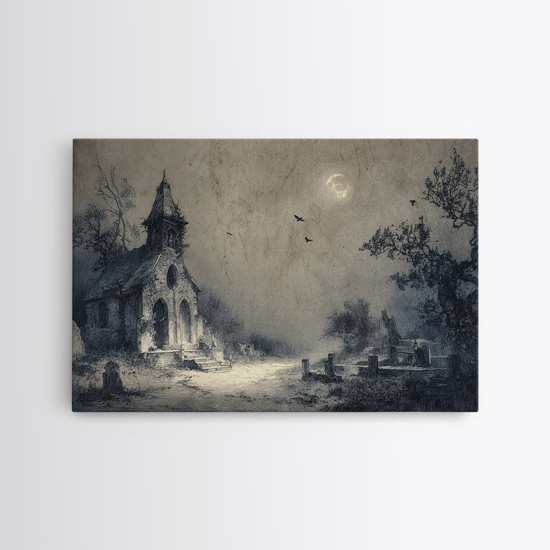 The Overgrown Chapel, Expressionist Nightmare Art, Landscape Wall Art, Macabre Wall Art, Framed Canvas Print, Halloween Wall Art