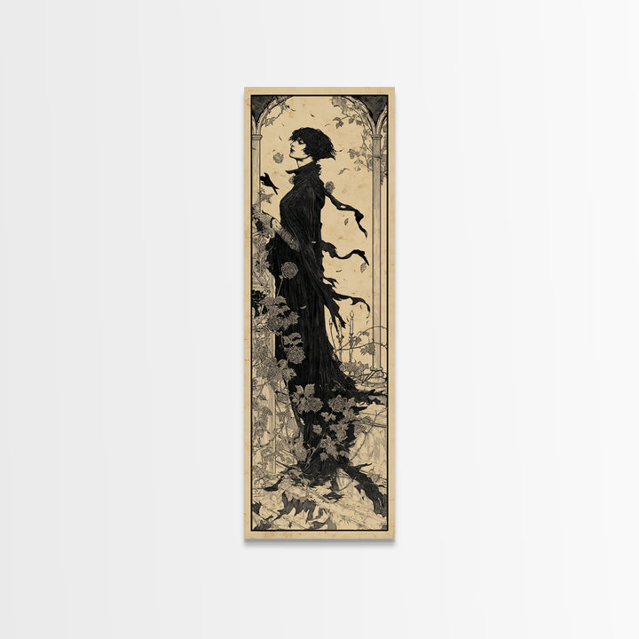 The Overgrown Chapel, Decadent Line Art, Tall Narrow Wall Art, Dark Fantasy Wall Art, Framed Canvas Print, Halloween Wall Art