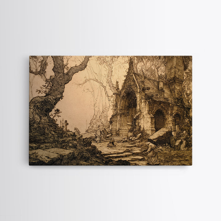 The Overgrown Chapel, Gothic Storybook Art, Landscape Wall Art, Macabre Wall Art, Framed Canvas Print, Halloween Wall Art