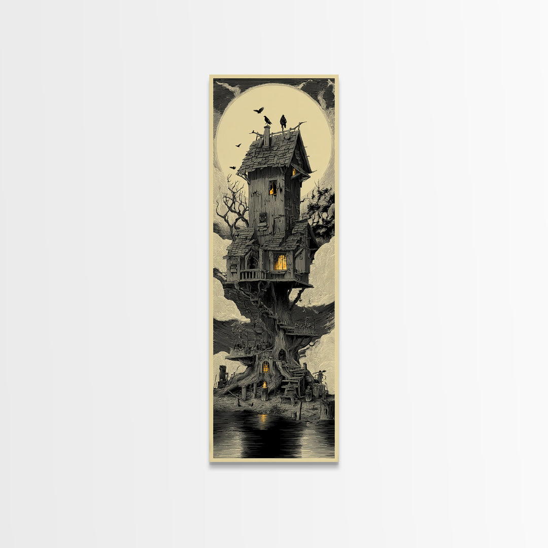 The Foggy Swamp Shack, Gothic Engraving Art, Tall Narrow Wall Art, Dark Halloween Decor, Framed Canvas Print, Halloween Wall Art