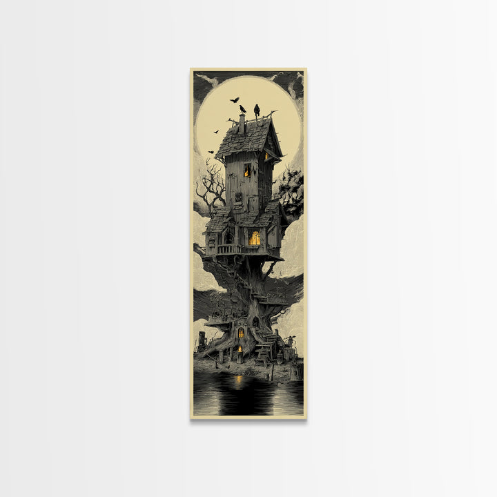 The Foggy Swamp Shack, Gothic Engraving Art, Tall Narrow Wall Art, Dark Halloween Decor, Framed Canvas Print, Halloween Wall Art