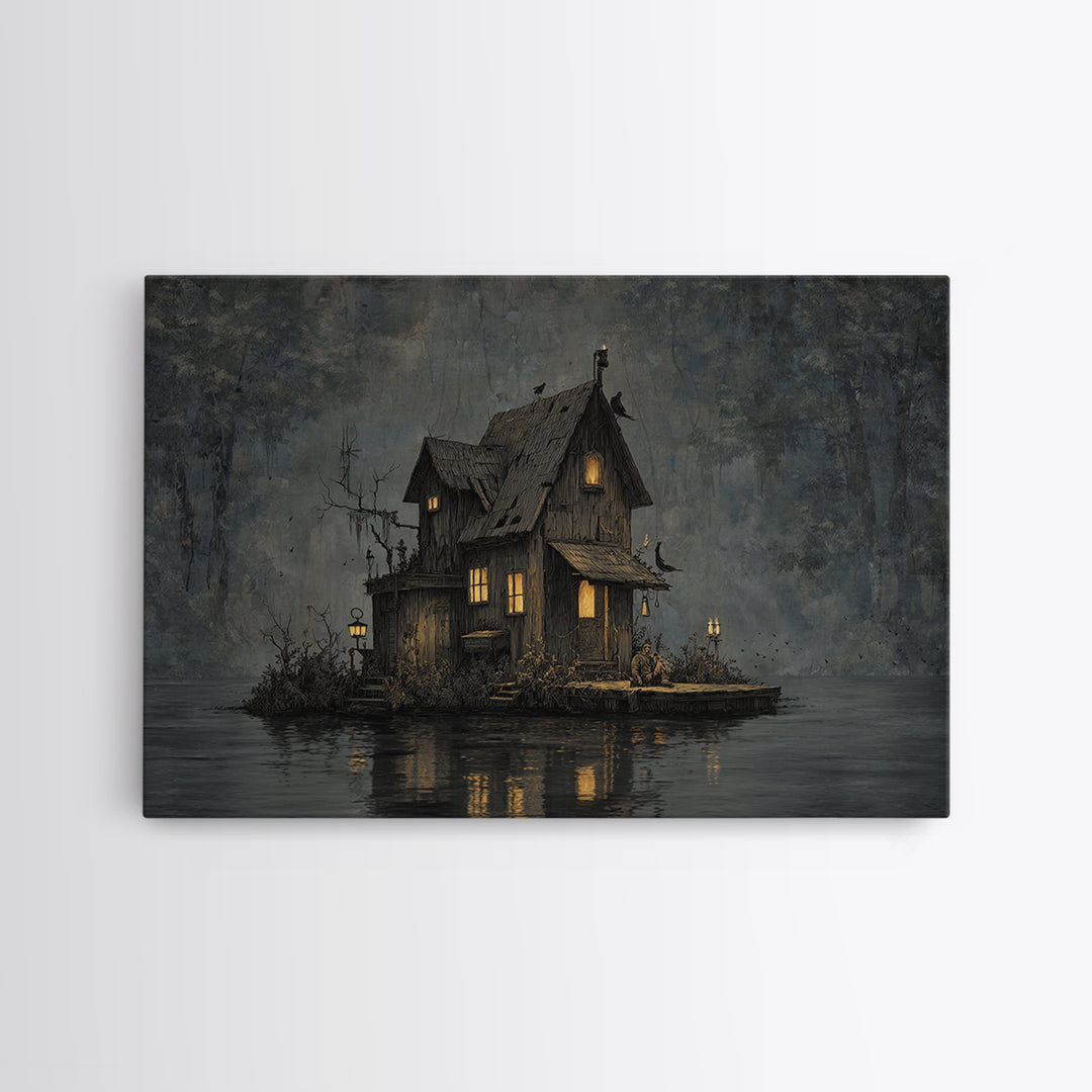 The Foggy Swamp Shack, Medieval Grotesque Art, Landscape Wall Art, Macabre Wall Art, Canvas Print, Halloween Wall Art