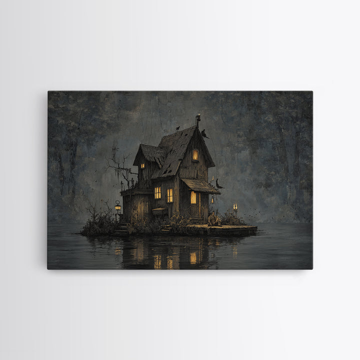 The Foggy Swamp Shack, Medieval Grotesque Art, Landscape Wall Art, Macabre Wall Art, Canvas Print, Halloween Wall Art