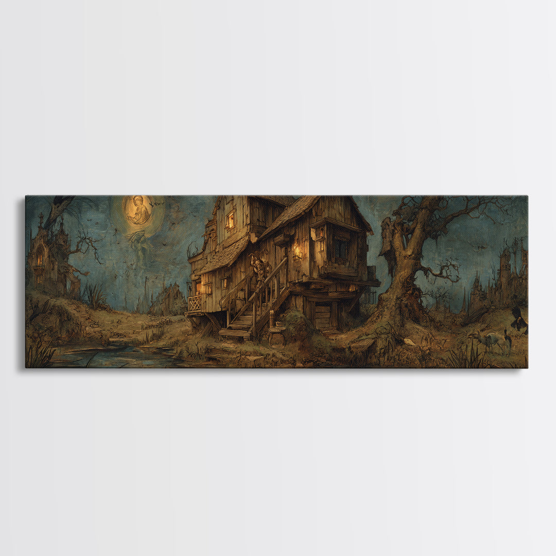 The Foggy Swamp Shack, Dark Renaissance Art, Extra Wide Wall Art, Dark Halloween Decor, Framed Canvas Print, Halloween Wall Art