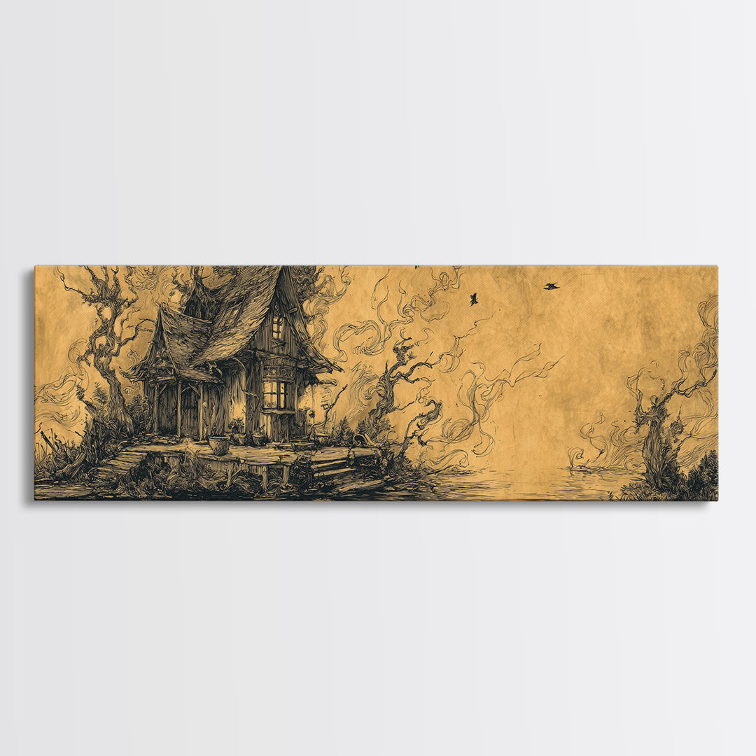The Foggy Swamp Shack, Renaissance Engraving Art, Extra Wide Wall Art, Macabre Wall Art, Framed Canvas Print, Halloween Wall Art