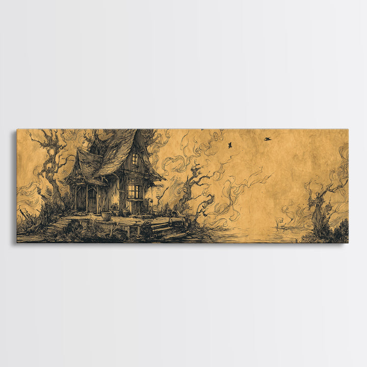 The Foggy Swamp Shack, Renaissance Engraving Art, Extra Wide Wall Art, Macabre Wall Art, Framed Canvas Print, Halloween Wall Art