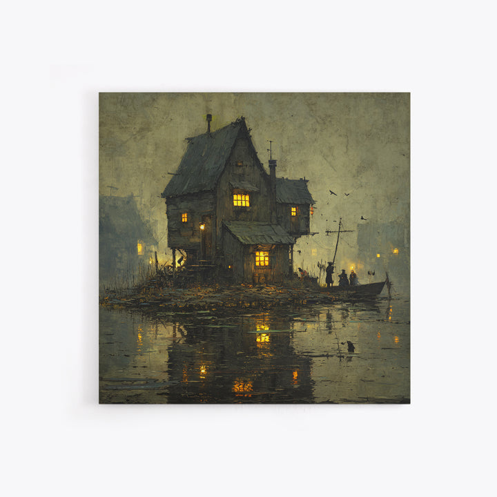 The Foggy Swamp Shack, Danse Macabre Art, Square Wall Art, Gothic Horror Wall Art, Framed Canvas Print